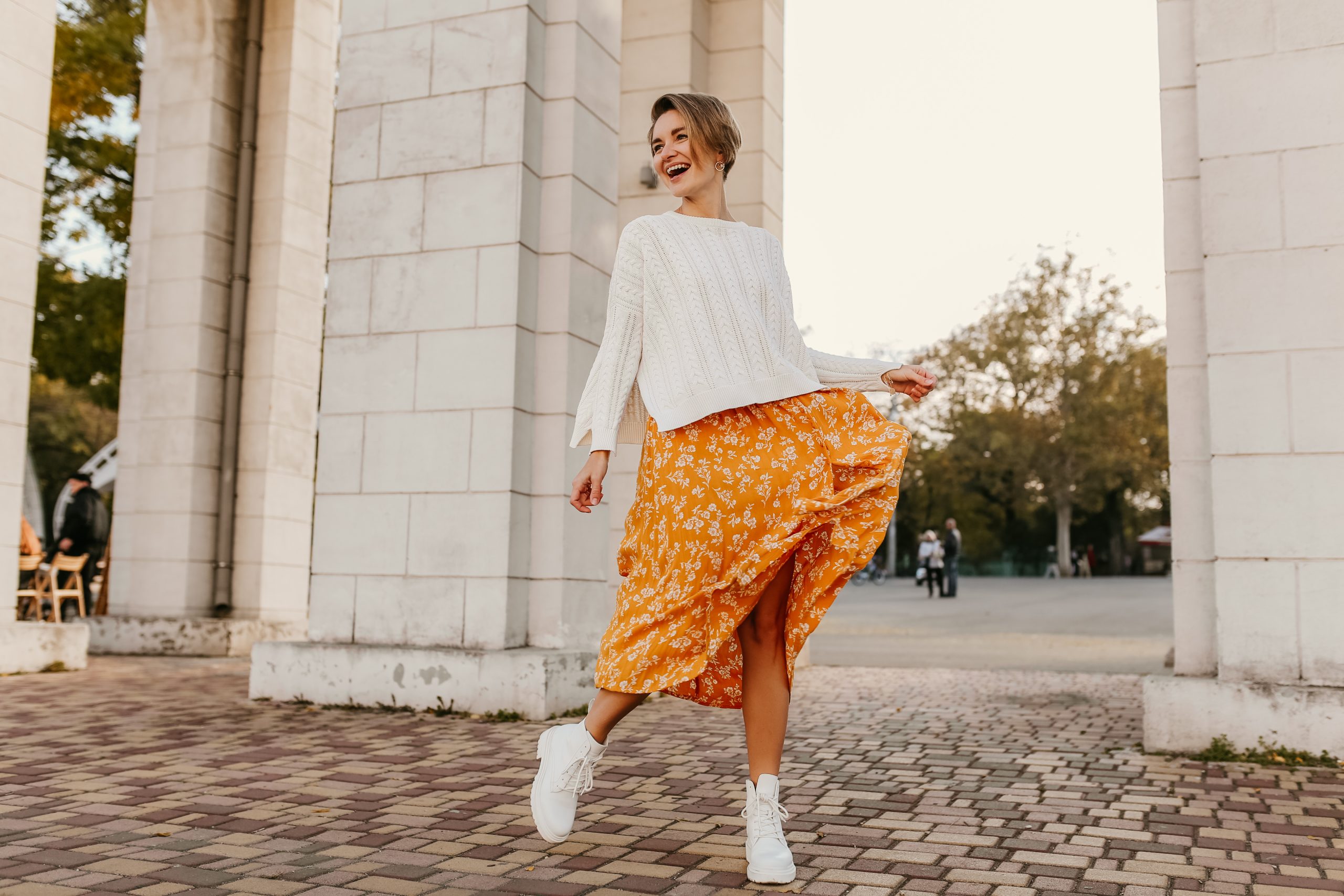 Young,Pretty,Happy,Smiling,Woman,In,Yellow,Printed,Dress,And